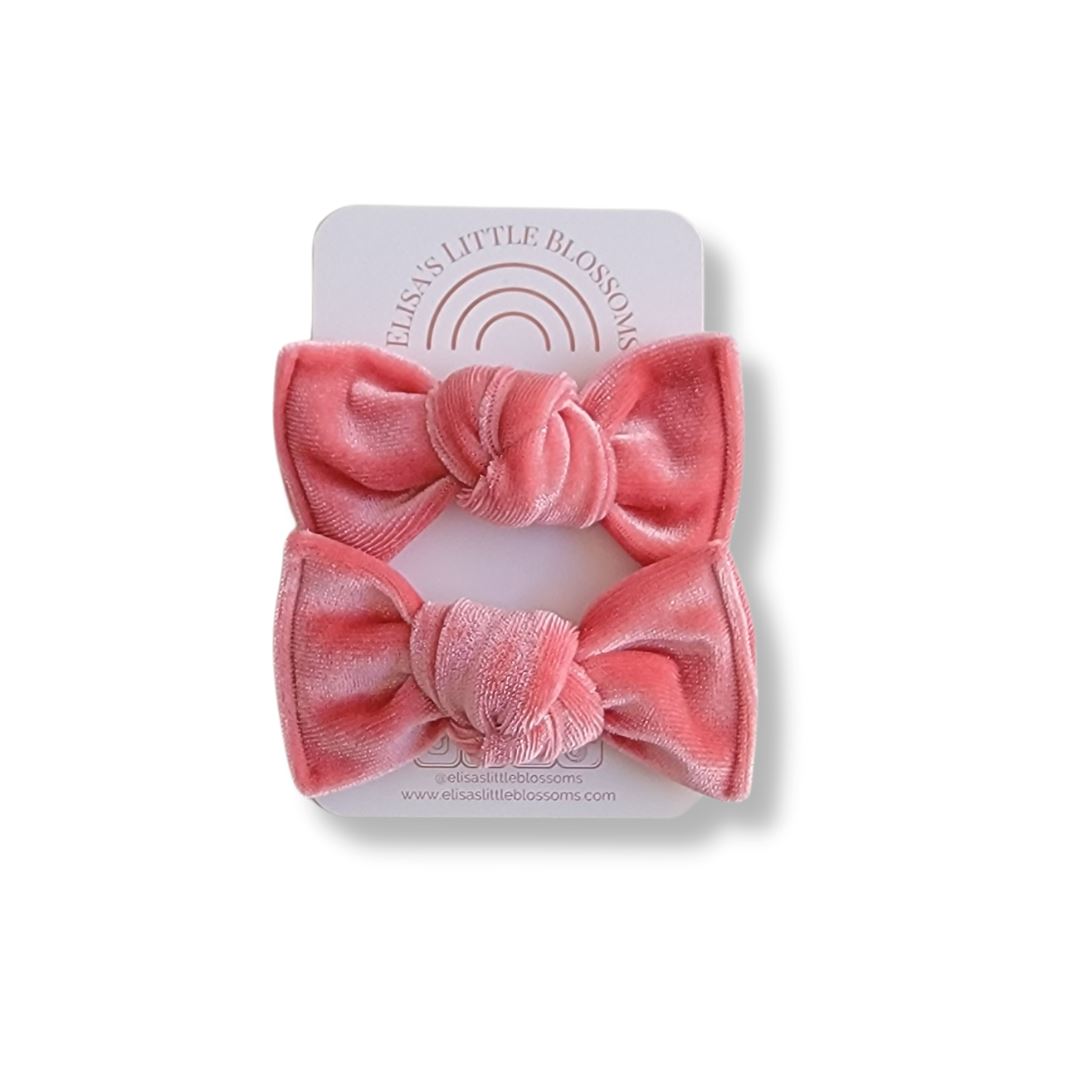 Knot Pigtail Set // Peach Coral Velvet Pigtail Sets Elisa's Little Blossoms - Pigtail Sets Classic Piggie Set (3.5") 